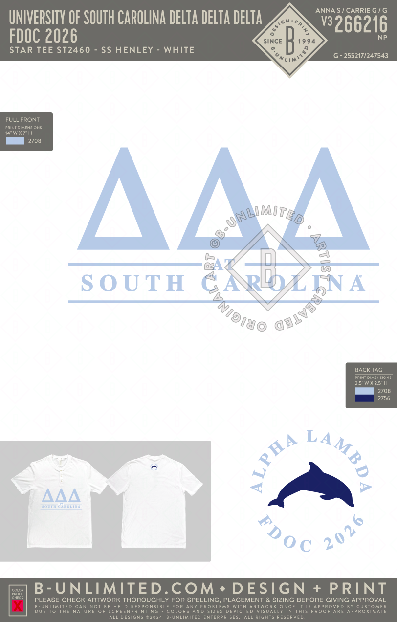 University of South Carolina Delta Delta Delta - FDOC 2026 - Star Tee - ST2460 - SS Henley - White