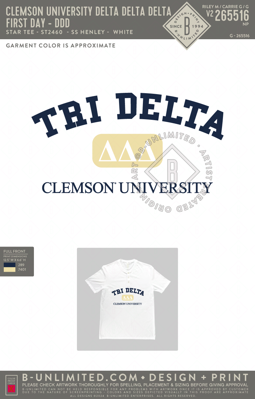 Clemson University Delta Delta Delta - First Day - DDD - Star Tee - ST2460 - SS Henley - White