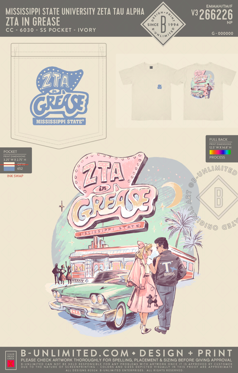 Mississippi State University Zeta Tau Alpha - ZTA in Grease - CC - 6030 - SS Pocket - Ivory