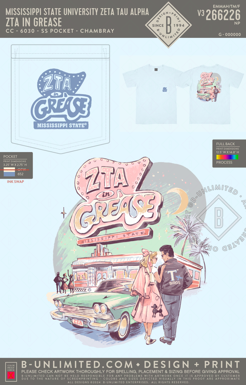 Mississippi State University Zeta Tau Alpha - ZTA in Grease - CC - 6030 - SS Pocket - Chambray