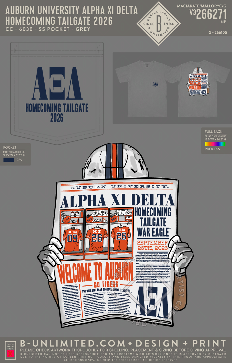 Auburn University Alpha Xi Delta - Homecoming Tailgate 2026 - CC - 6030 - SS Pocket - Grey