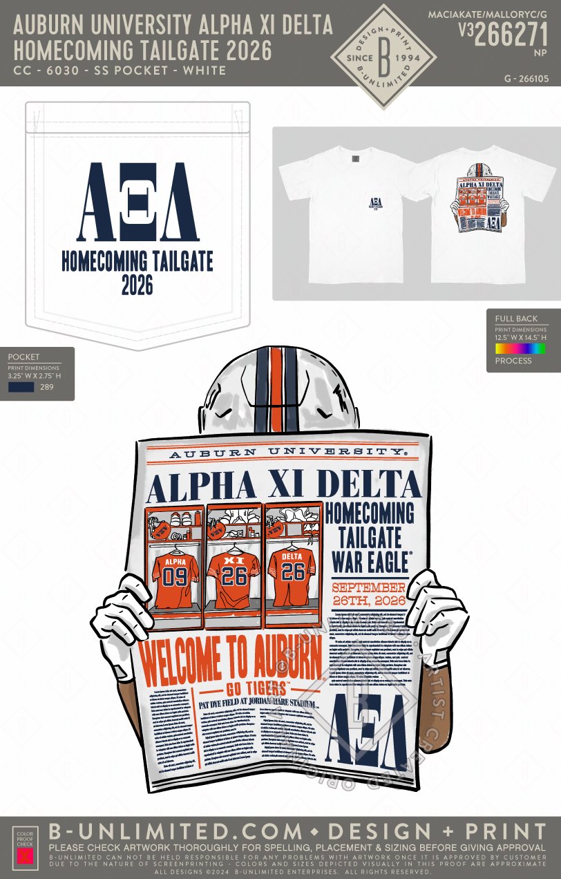 Auburn University Alpha Xi Delta - Homecoming Tailgate 2026 - CC - 6030 - SS Pocket - White