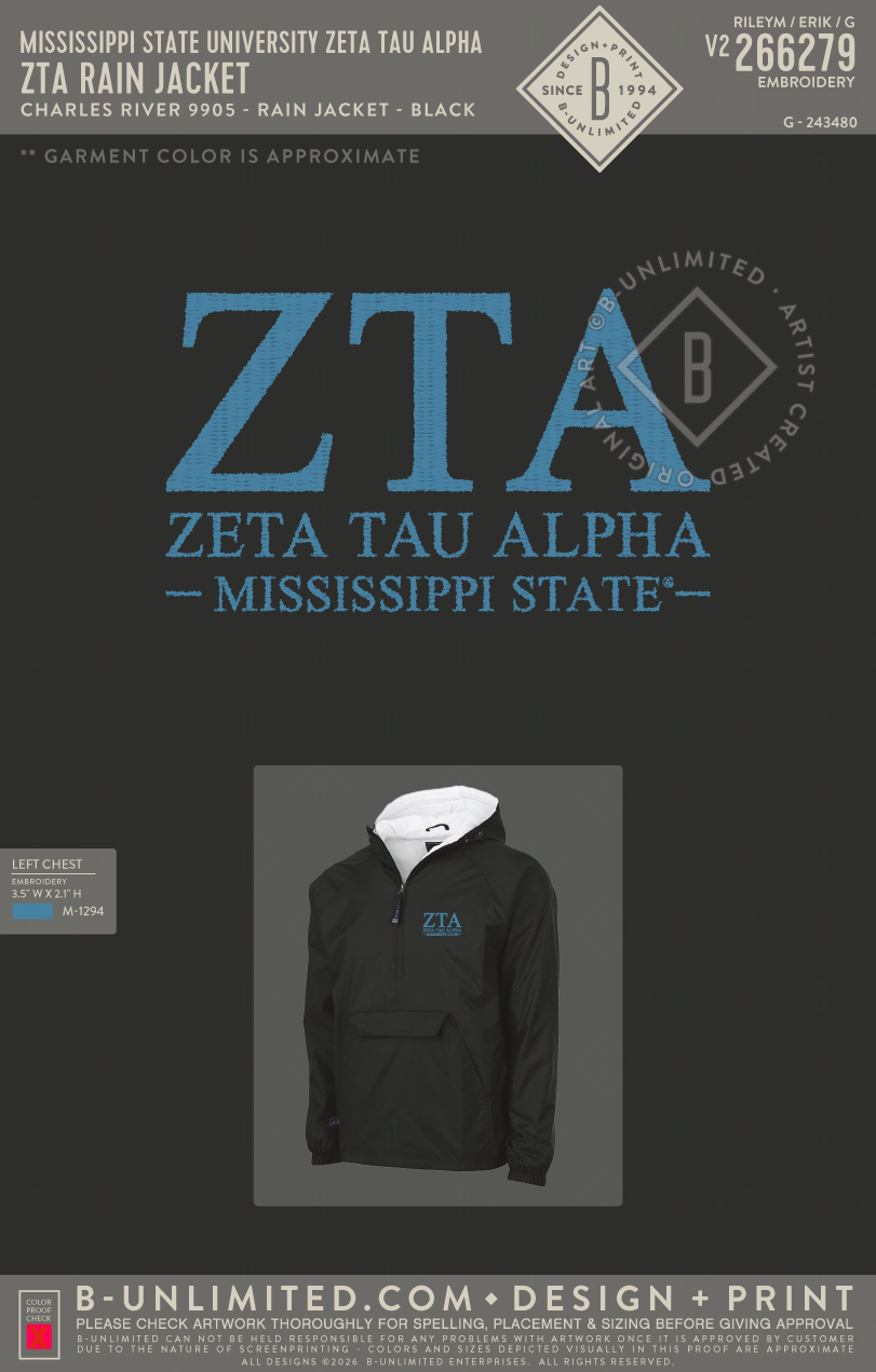 Mississippi State University Zeta Tau Alpha - ZTA Rain Jacket - Charles River - 9905 - Solid Rain Jacket Pullover - Black