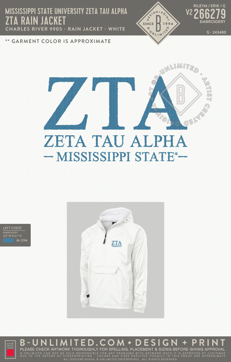 Mississippi State University Zeta Tau Alpha - ZTA Rain Jacket - Charles River - 9905 - Solid Rain Jacket Pullover - White