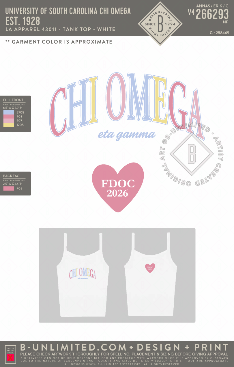 University of South Carolina Chi Omega - EST. 1928 - LA Apparel - 43011 - Tank Top - White