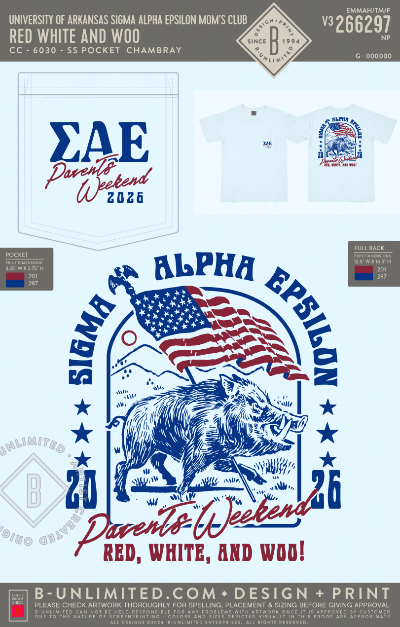 University of Arkansas Sigma Alpha Epsilon Mom's Club - Red White and Woo - CC - 6030 - SS Pocket - Chambray