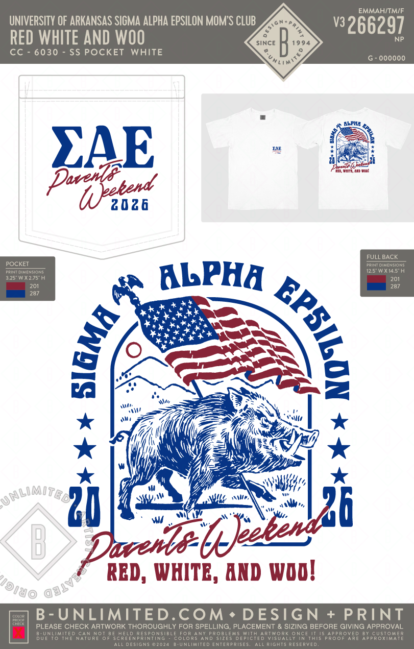 University of Arkansas Sigma Alpha Epsilon Mom's Club - Red White and Woo - CC - 6030 - SS Pocket - White