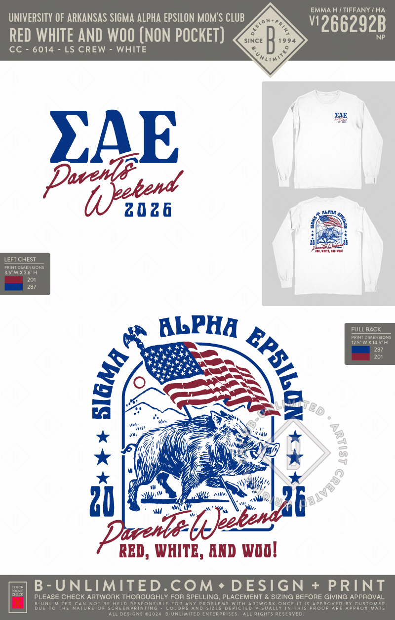 University of Arkansas Sigma Alpha Epsilon Mom's Club - Red White and Woo (non pocket) - CC - 6014 - LS Crew - White