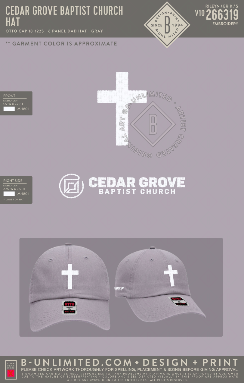 Cedar Grove Baptist Church - Hat - Otto Cap - 18-1225 - 6 Panel Low Profile Dad Hat - Gray