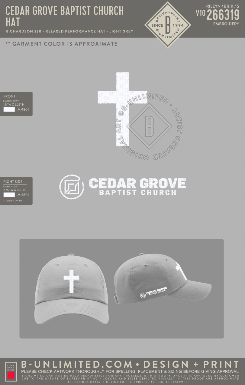 Cedar Grove Baptist Church - Hat - Richardson - 220 - Relaxed Performance Hat - Light Grey