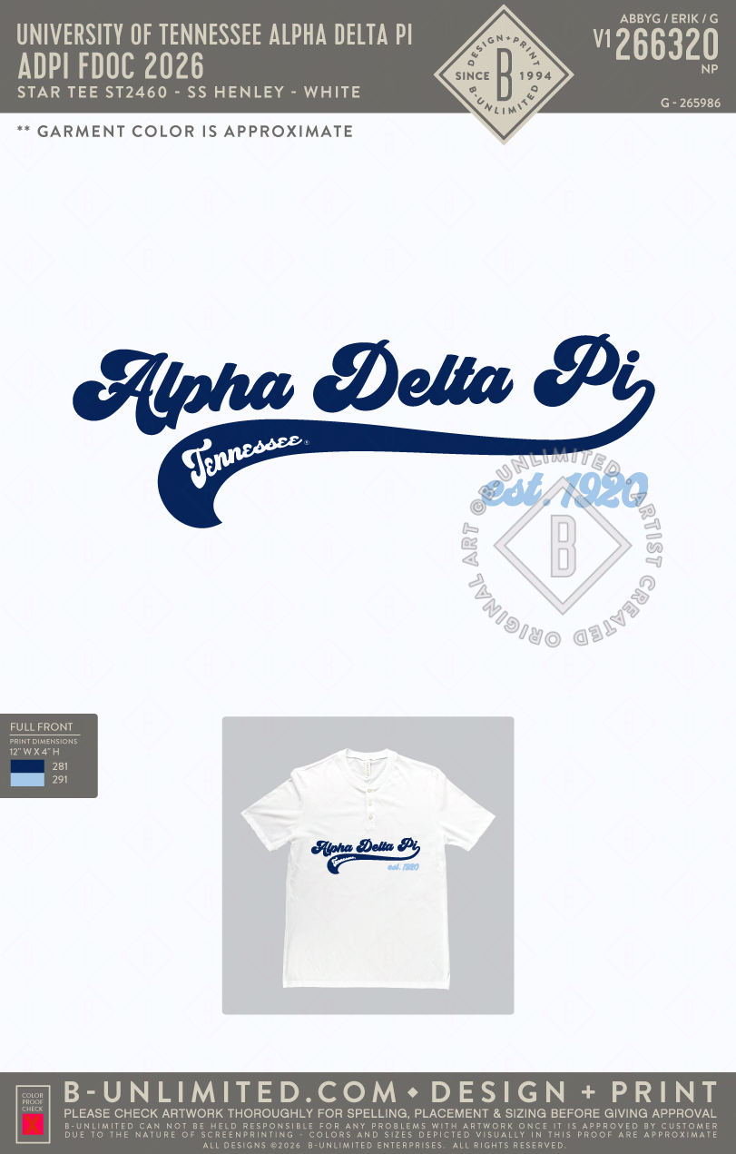 University of Tennessee Alpha Delta Pi - ADPi FDOC 2026 - Star Tee - ST2460 - SS Henley - White