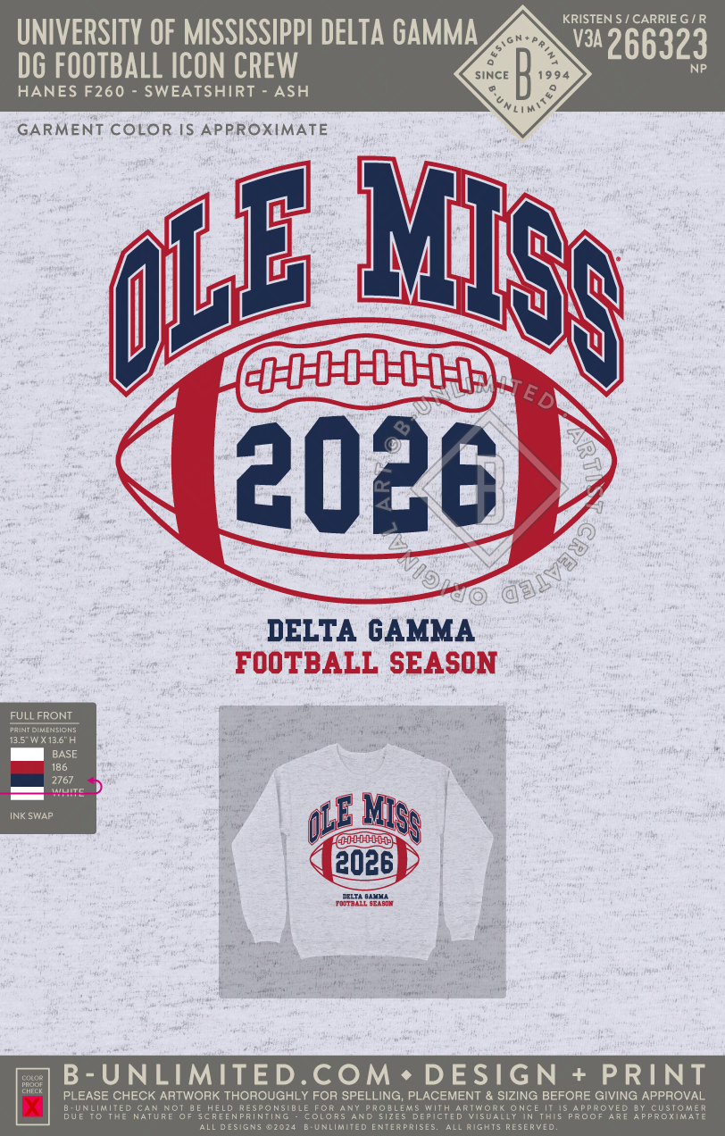 University of Mississippi Delta Gamma - DG Football Icon Crew - Hanes - F260 - Sweatshirt - Ash