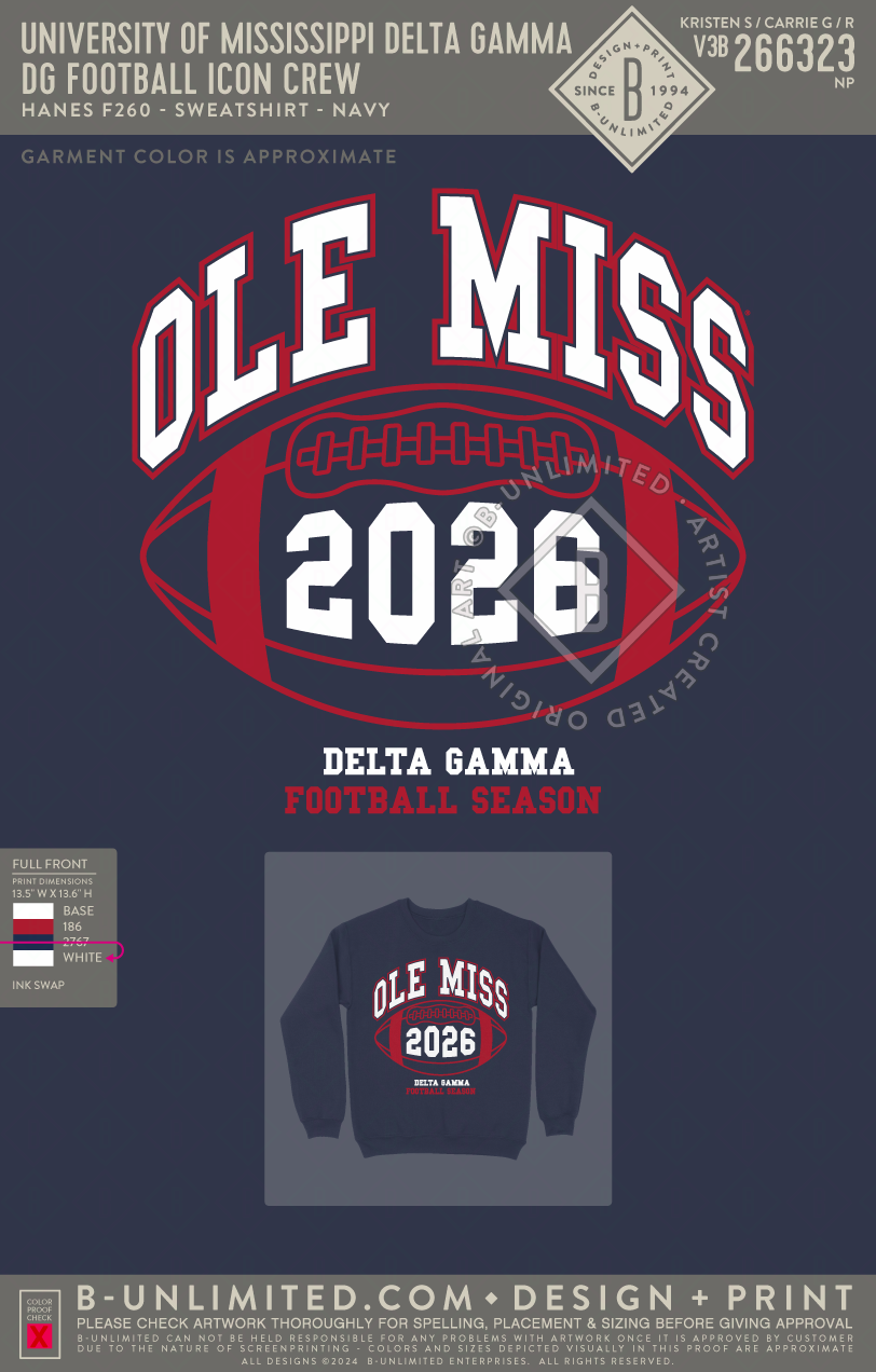 University of Mississippi Delta Gamma - DG Football Icon Crew - Hanes - F260 - Sweatshirt - Navy