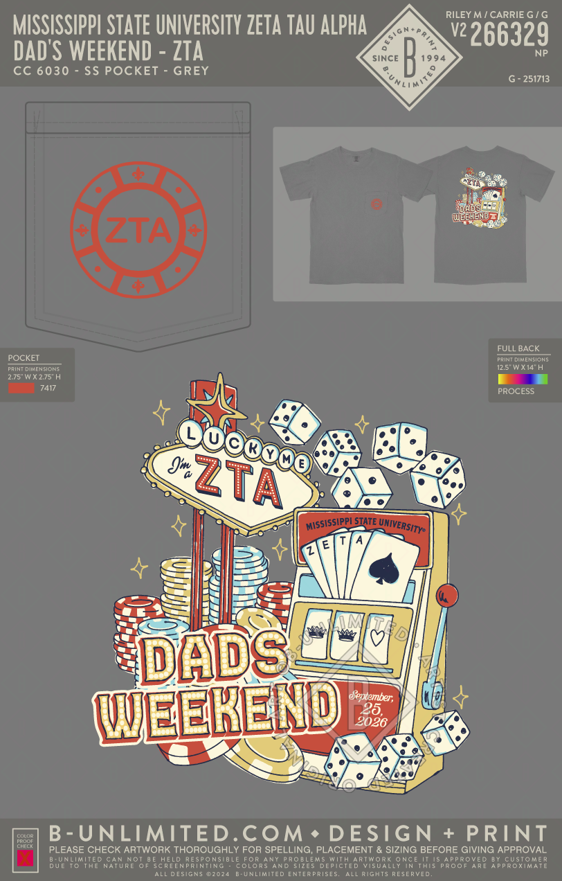 Mississippi State University Zeta Tau Alpha - Dad's Weekend - ZTA - CC - 6030 - SS Pocket - Grey