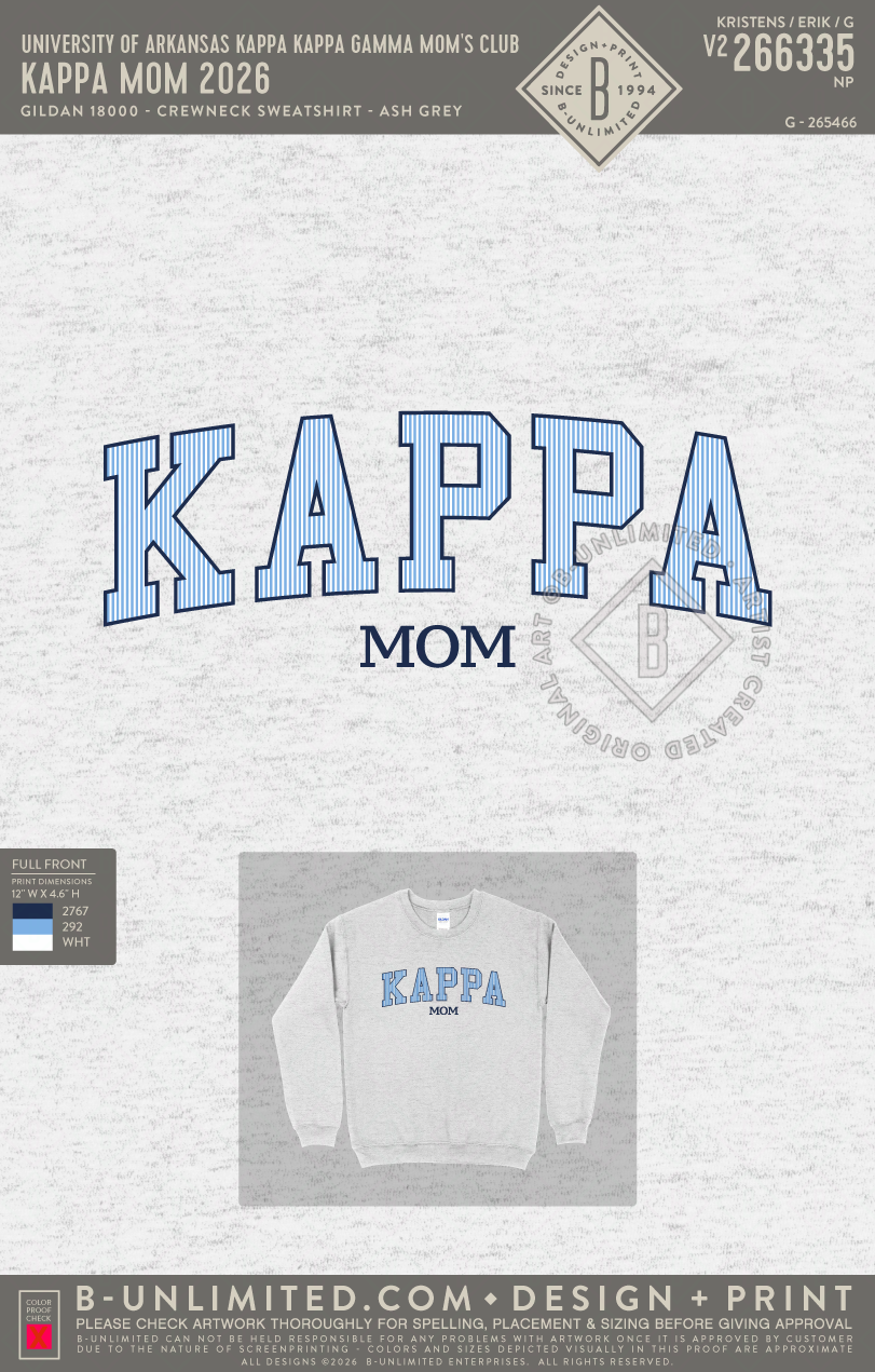University of Arkansas Kappa Kappa Gamma Mom's Club - Kappa Mom 2026 - Gildan - 18000 - Crewneck Sweatshirt - Ash Grey