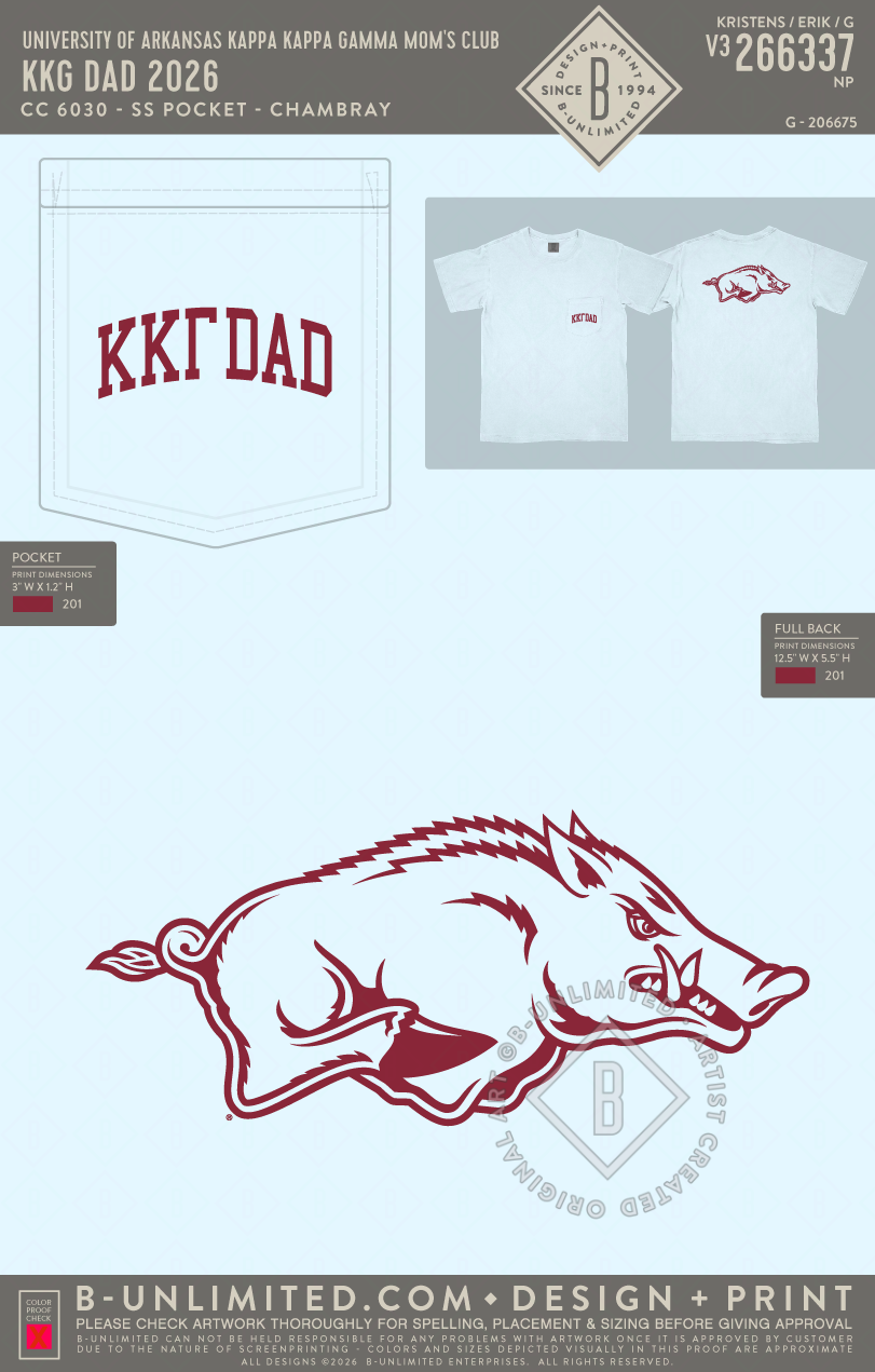 University of Arkansas Kappa Kappa Gamma Mom's Club - KKG Dad 2026 - CC - 6030 - SS Pocket - Chambray