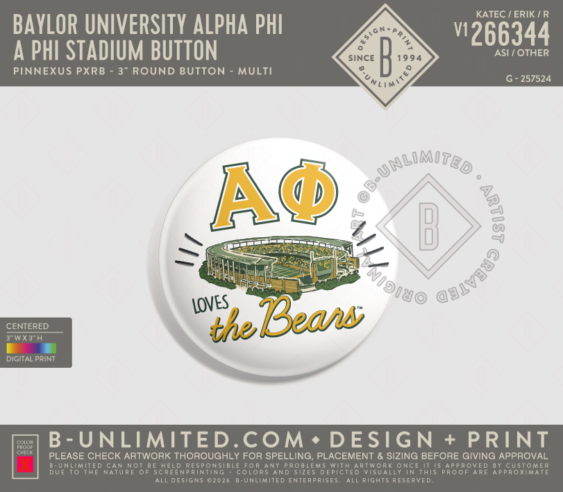 Baylor University Alpha Phi - A Phi Stadium Button - PinNexus - PXRB - 3" Round Button - Multi