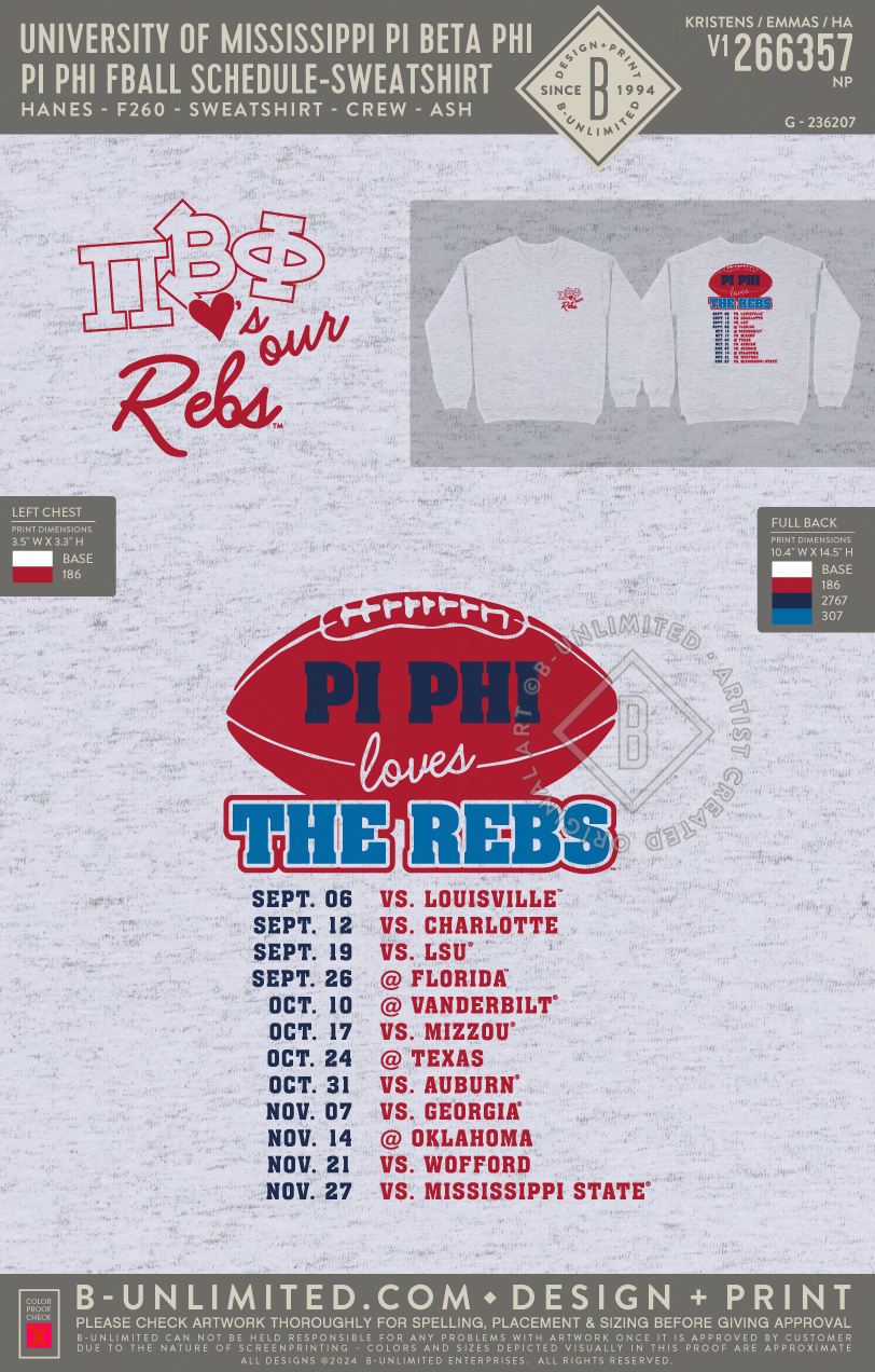 University of Mississippi Pi Beta Phi - Pi Phi FBALL Schedule (sweatshirt) - Hanes - F260 - Sweatshirt - Ash