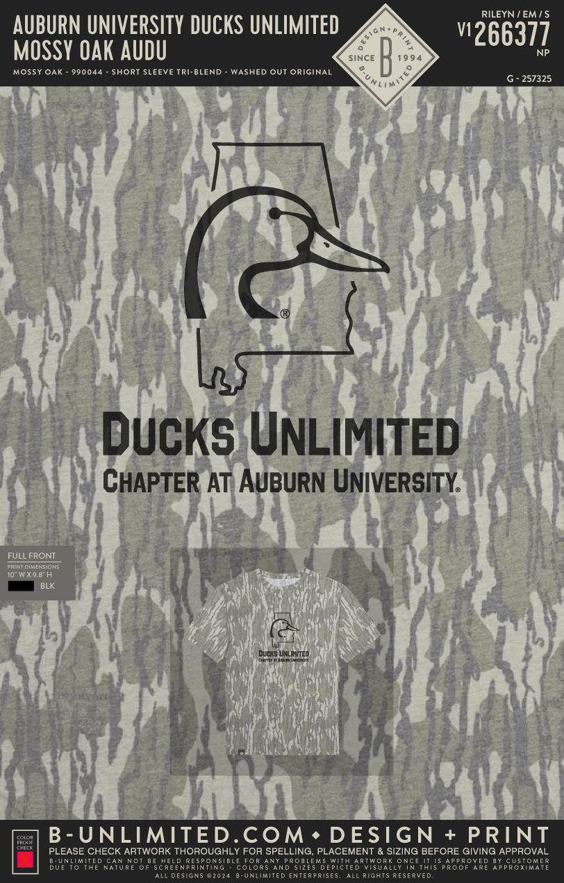 Auburn University Ducks Unlimited - Mossy Oak AUDU - Mossy Oak - 990044 - Short Sleeve Tri-Blend - Washed Out Orginal Bottomland