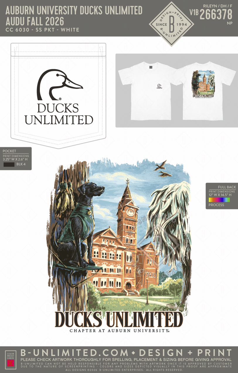 Auburn University Ducks Unlimited - AUDU Fall 2026 - CC - 6030 - SS Pocket - White