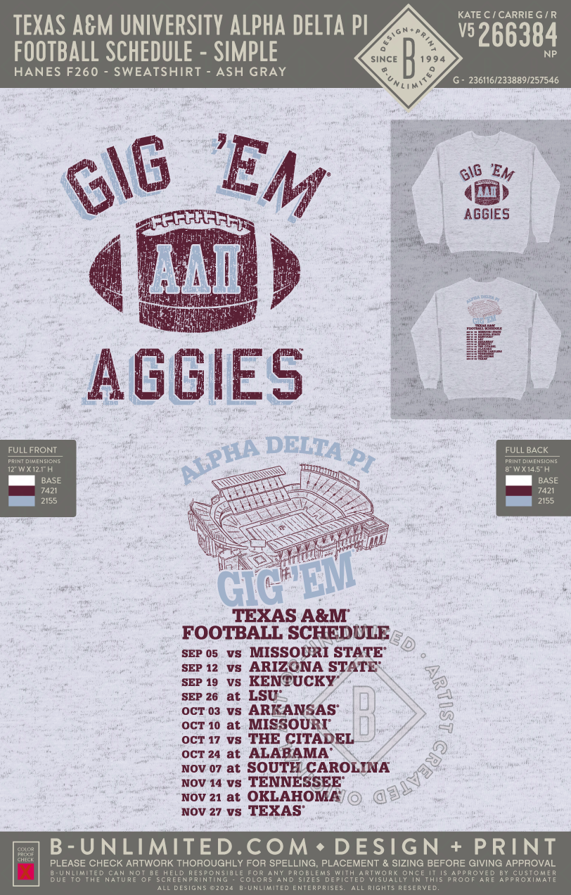 Texas A&M University Alpha Delta Pi - Football Schedule - Simple - Hanes - F260 - Sweatshirt - Ash