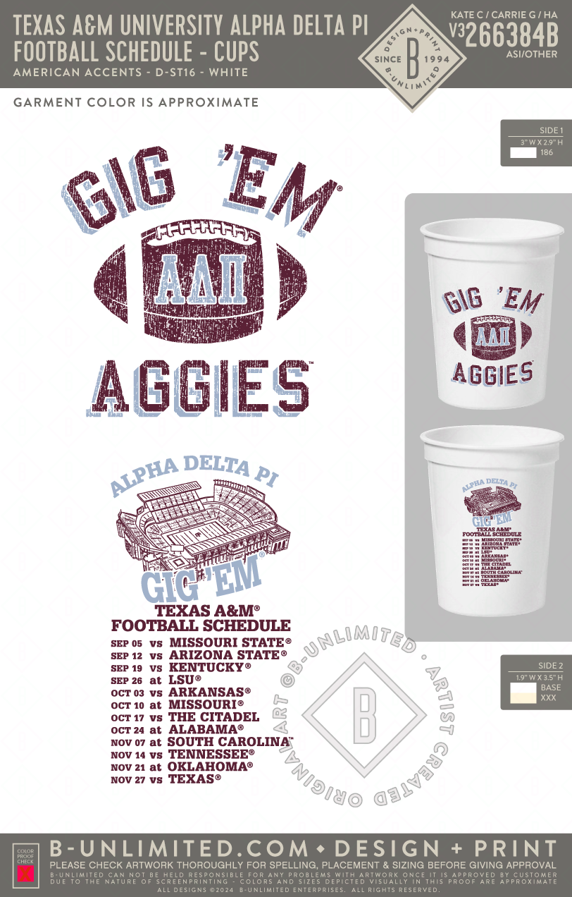 Texas A&M University Alpha Delta Pi - Football Schedule - Cups - American Accents - D-ST16 - 16 oz Cup - White
