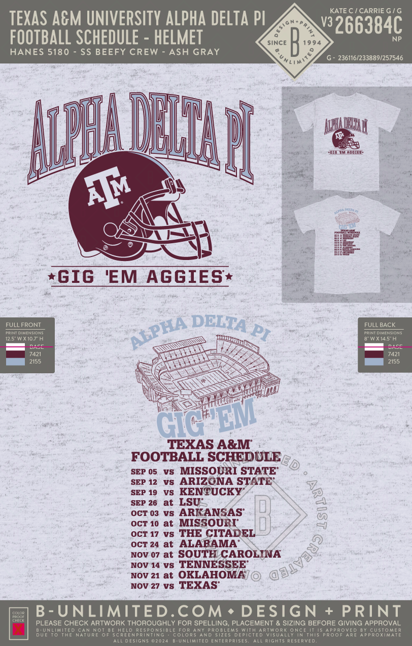 Texas A&M University Alpha Delta Pi - Football Schedule - Helmet - Hanes - 5180 - SS Beefy Crew - Ash