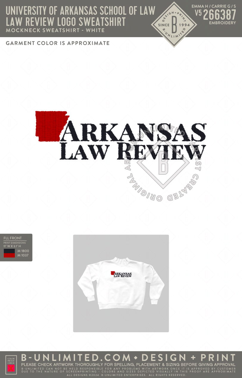 University of Arkansas School of Law - Law Review Logo Sweatshirt - Tap Stitch - WW0004-P001-V2 - Mockneck Crewneck Sweatshirt - White