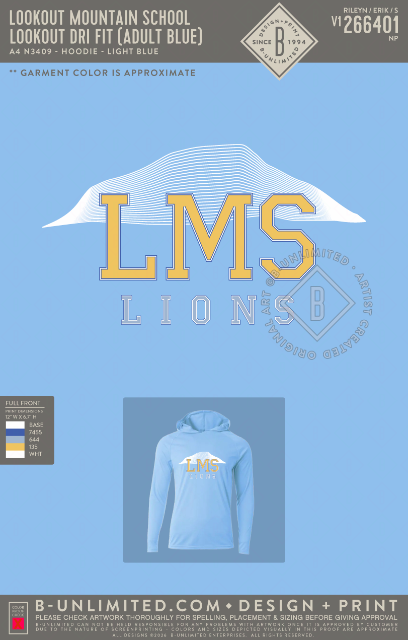 Lookout Mountain School - Lookout Dri Fit (ADULT Blue) - A4 - N3409 - Cooling Performance Long Sleeve Hoodie - Light Blue
