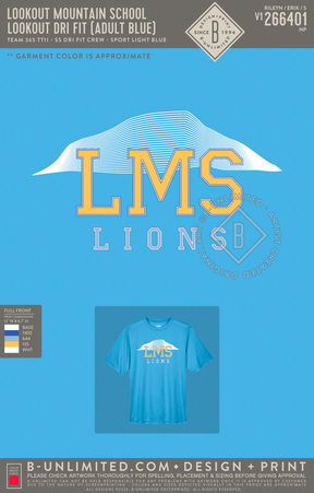 Lookout Mountain School - Lookout Dri Fit (ADULT Blue) - Team 365 - TT11 - SS Dri Fit Crew - Sport Light Blue