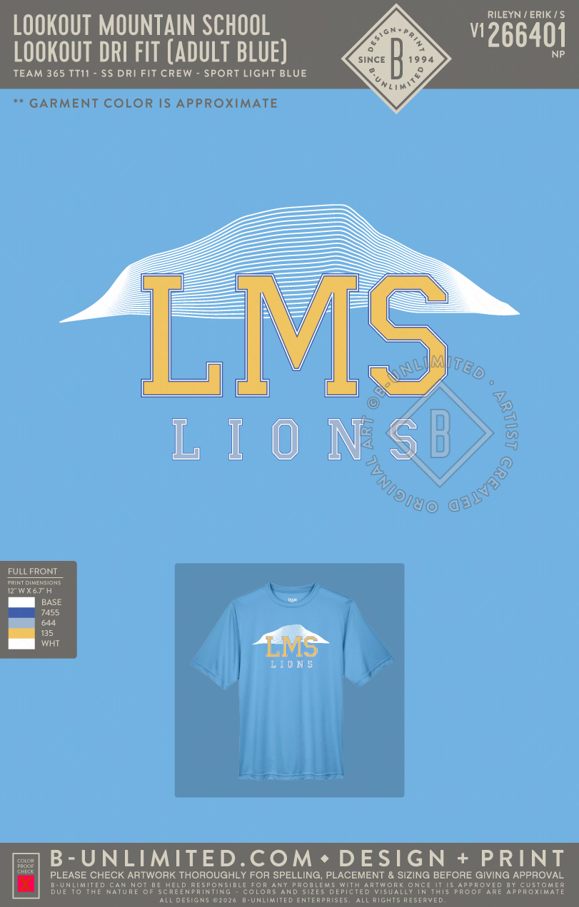 Lookout Mountain School - Lookout Dri Fit (ADULT Blue) - Team 365 - TT11 - SS Dri Fit Crew - Sport Light Blue