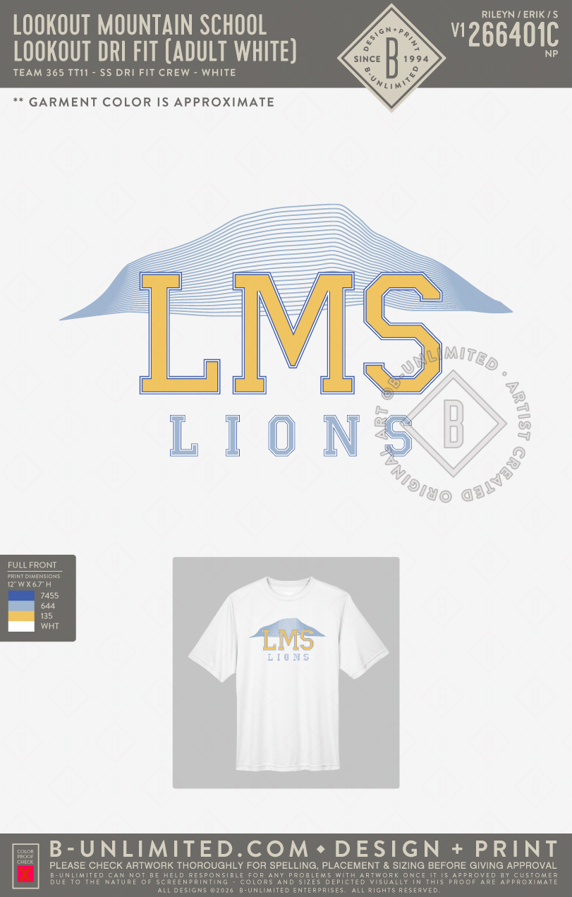 Lookout Mountain School - Lookout Dri Fit (ADULT White) - Team 365 - TT11 - SS Dri Fit Crew - White
