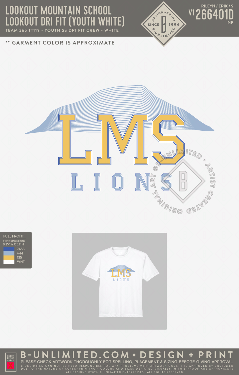 Lookout Mountain School - Lookout Dri Fit (YOUTH White) - Team 365 - TT11Y - Youth SS Dri Fit Crew - White