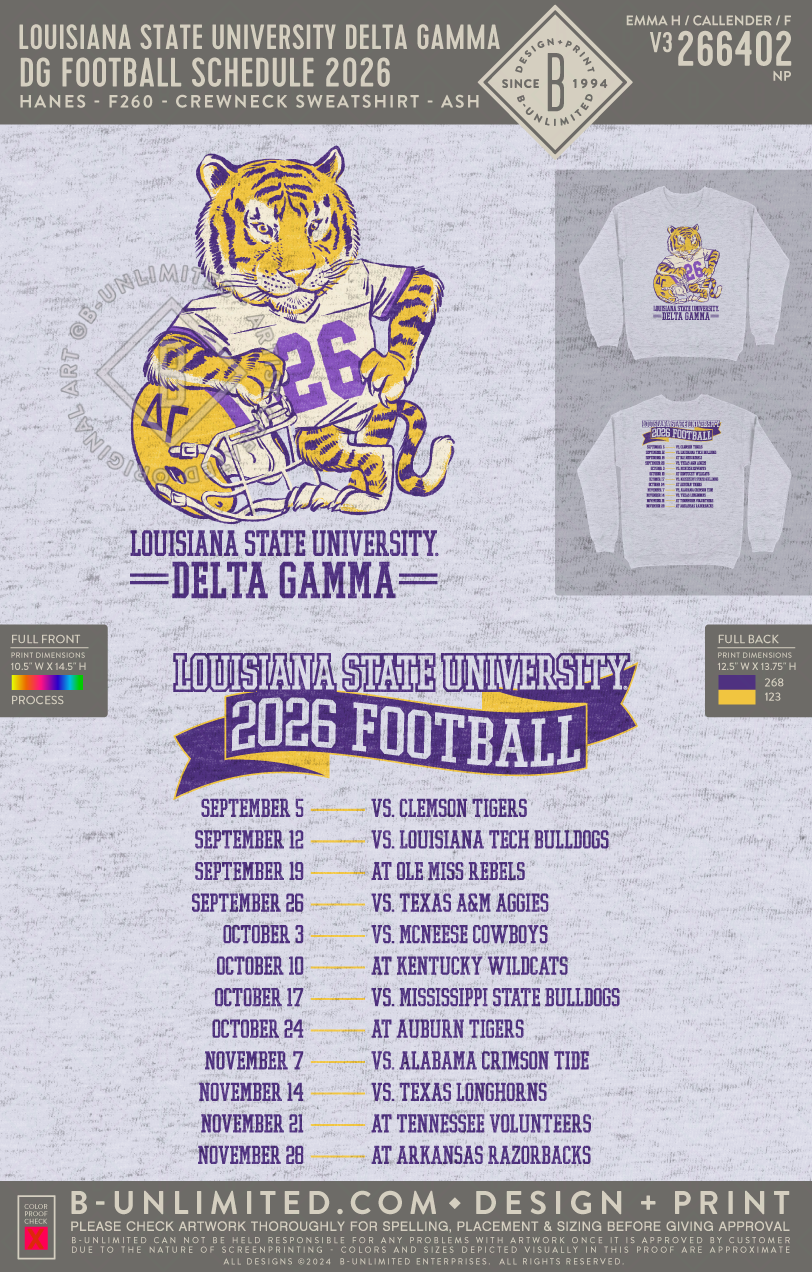 Louisiana State University Delta Gamma - DG Football Schedule 2026 - Hanes - F260 - Sweatshirt - Ash