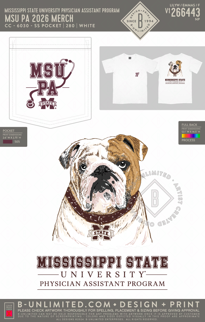 Mississippi State University Physician Assistant Program - MSU PA 2026 Merch - CC - 6030 - SS Pocket - White