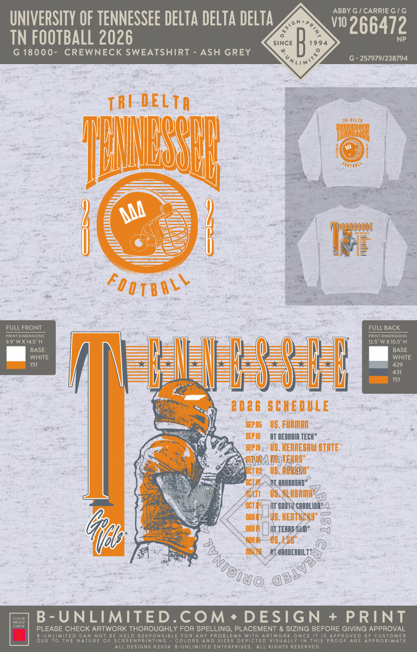 University of Tennessee Delta Delta Delta - TN Football 2026 - Gildan - 18000 - Crewneck Sweatshirt - Ash Grey