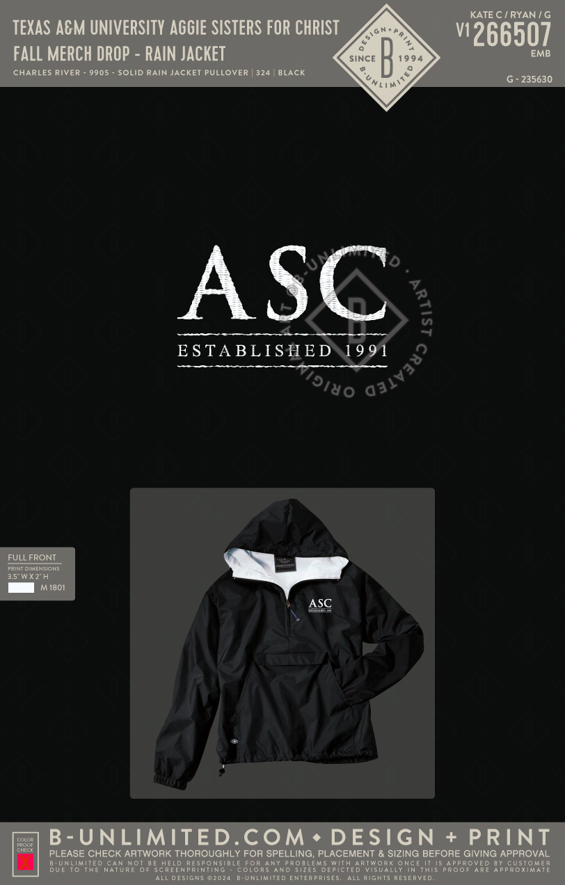 Texas A&M University Aggie Sisters For Christ - Fall Merch Drop - Rain Jacket - Charles River - 9905 - Solid Rain Jacket Pullover - Black
