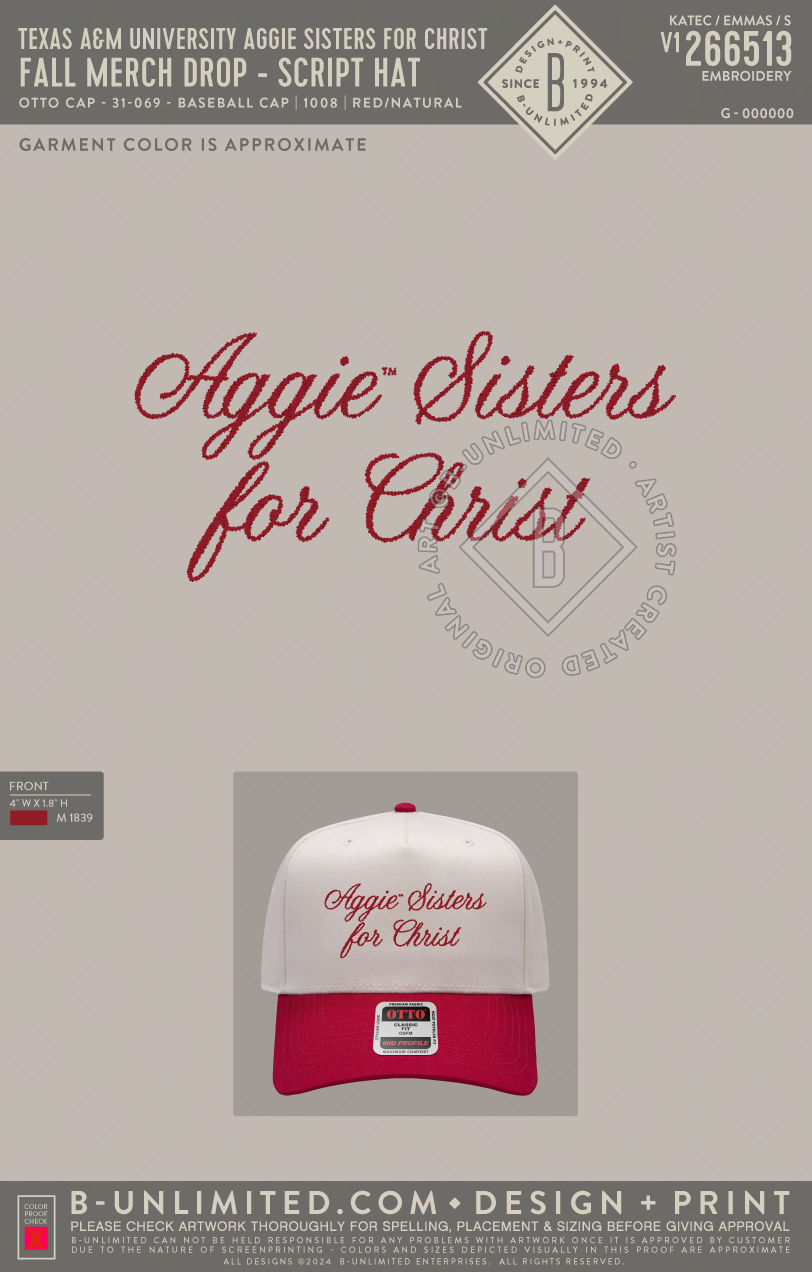 Texas A&M University Aggie Sisters For Christ - Fall Merch Drop - Script Hat - Otto Cap - 31-069 - Baseball Cap - Red/Natural