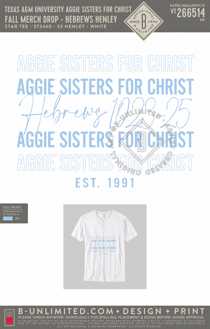 Texas A&M University Aggie Sisters For Christ - Fall Merch Drop - Hebrews Henley - Star Tee - ST2460 - SS Henley - White