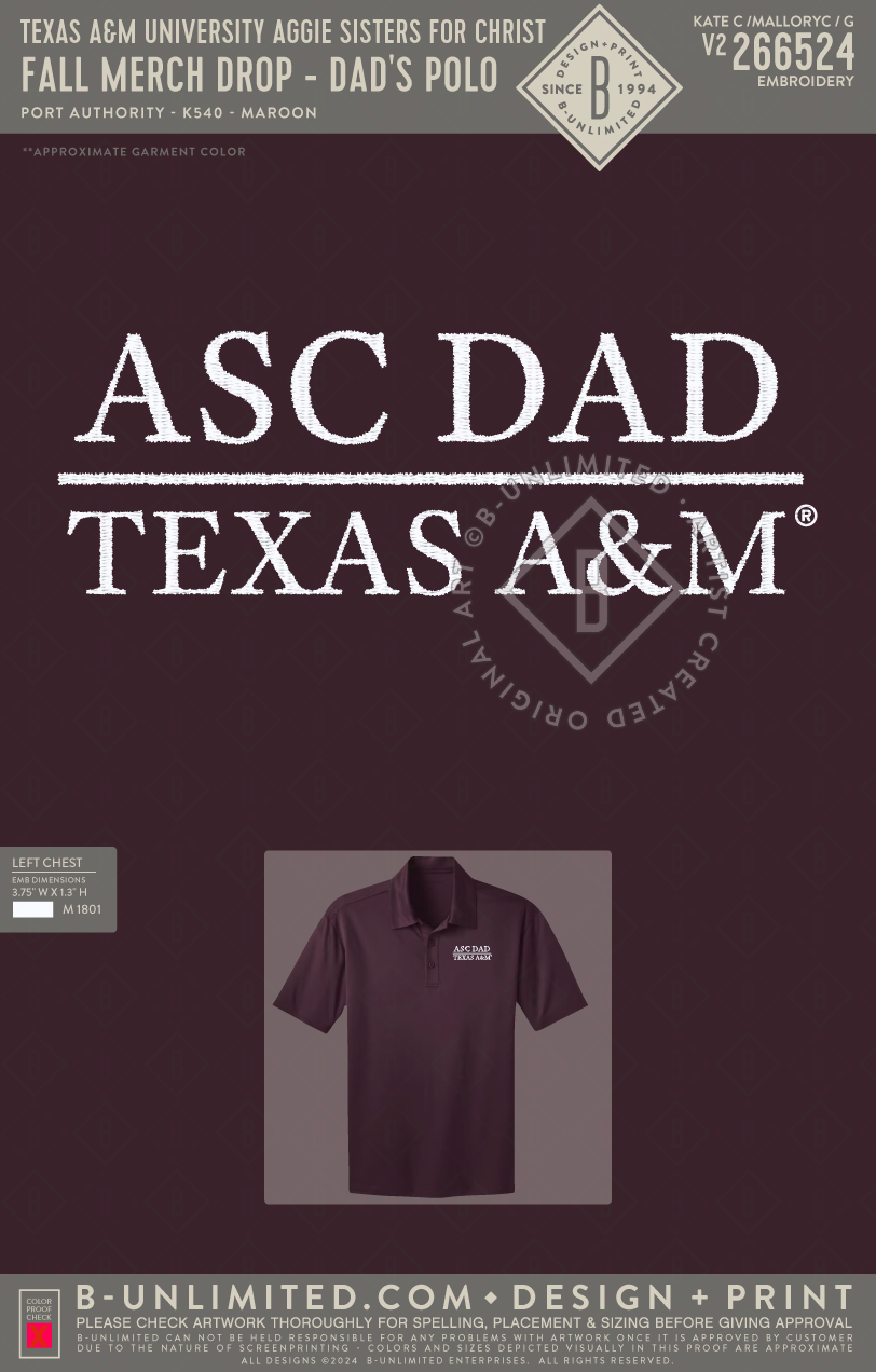Texas A&M University Aggie Sisters For Christ - Fall Merch Drop - Dad's Polo - Port Authority - K540 - Silk Touch Performance Polo - Maroon