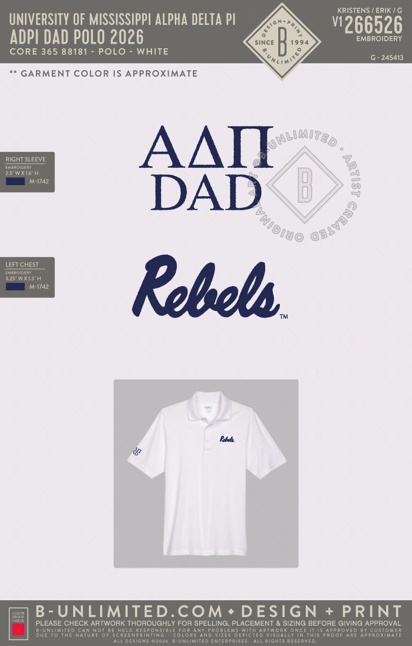 University of Mississippi Alpha Delta Pi - ADPI Dad Polo 2026 - Core 365 - 88181 - Polo - White