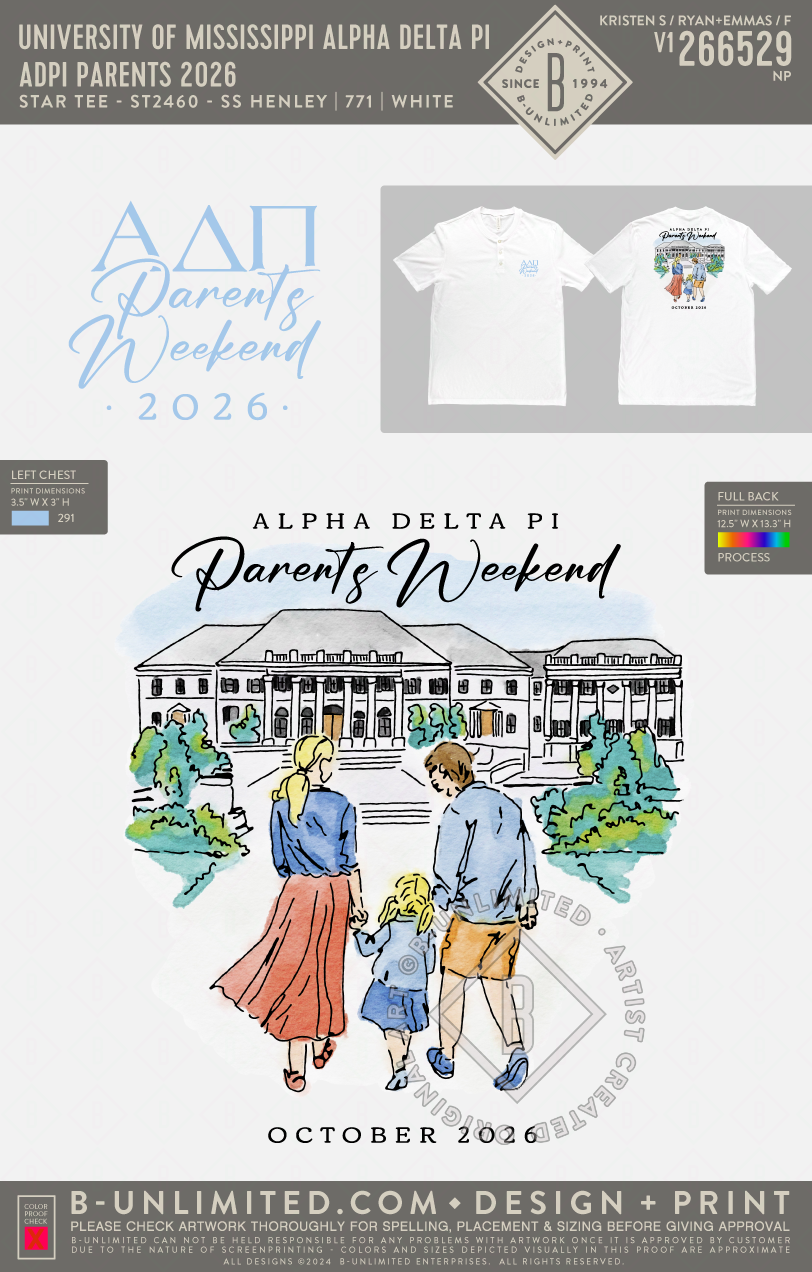 University of Mississippi Alpha Delta Pi - ADPI Parents 2026 - Star Tee - ST2460 - SS Henley - White