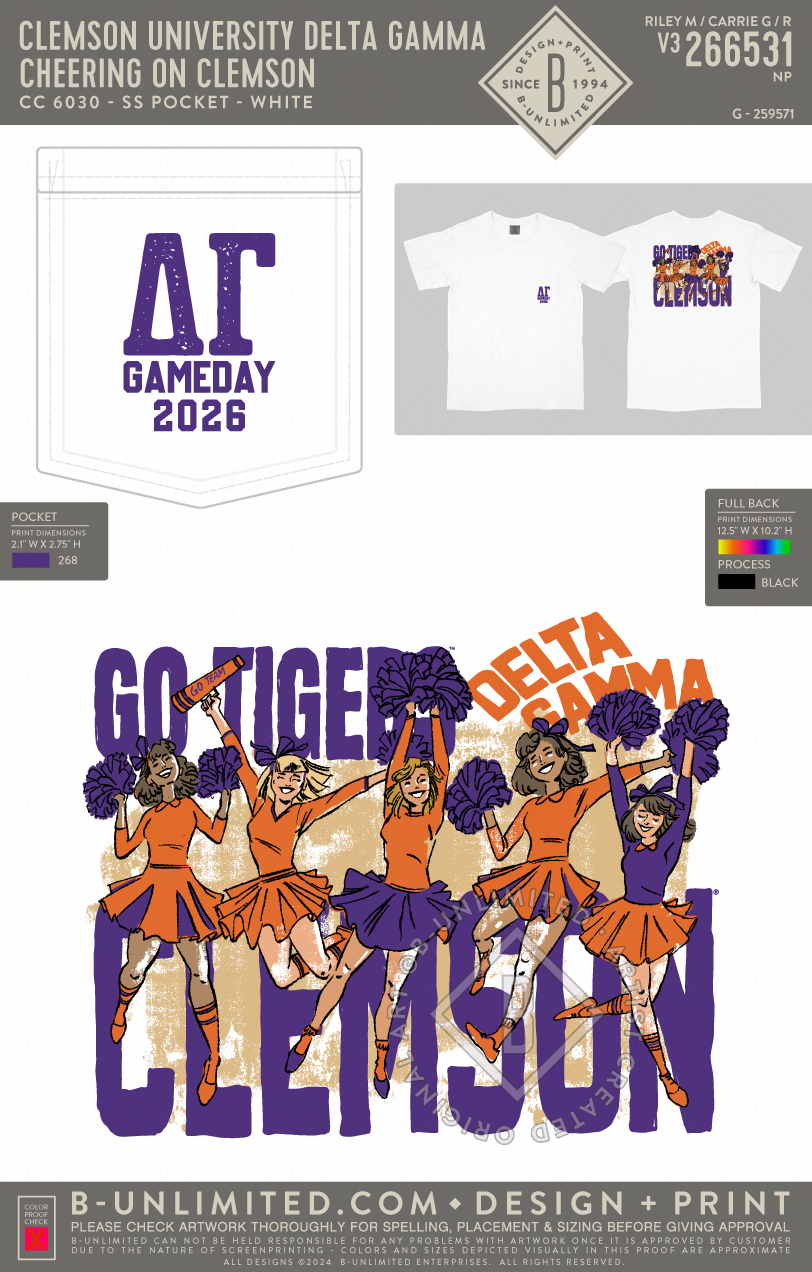 Clemson University Delta Gamma - Cheering on Clemson - CC - 6030 - SS Pocket - White