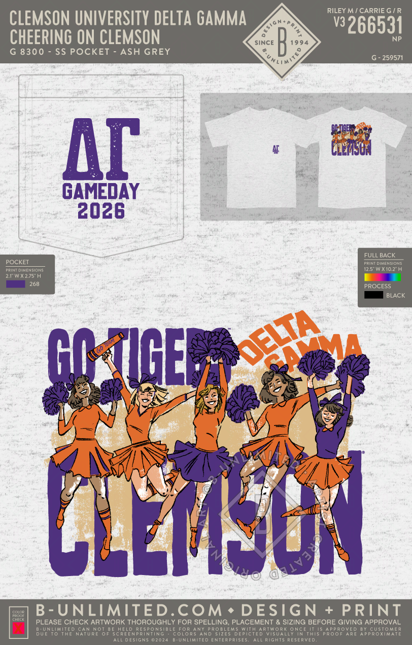 Clemson University Delta Gamma - Cheering on Clemson - Gildan - 8300 - SS Pocket - Ash Grey