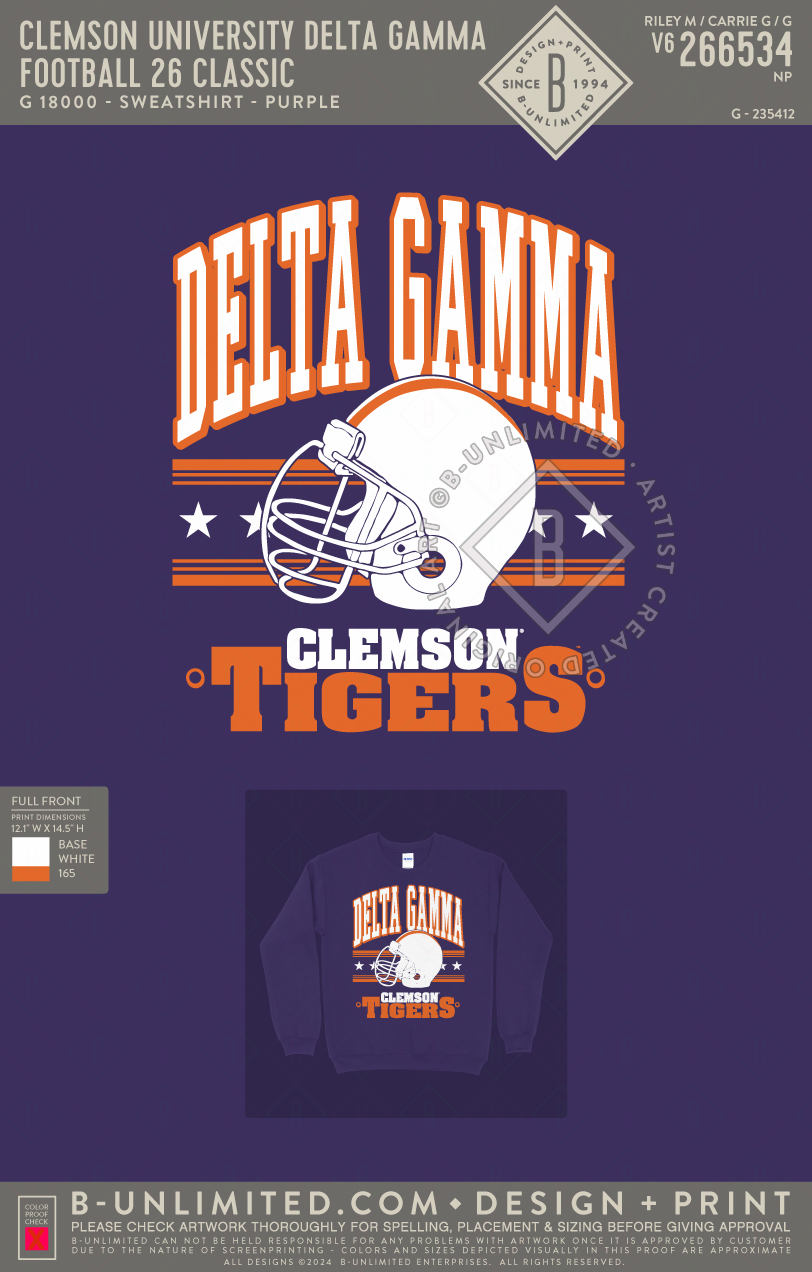 Clemson University Delta Gamma - Football 26 Classic - Gildan - 18000 - Crewneck Sweatshirt - Purple
