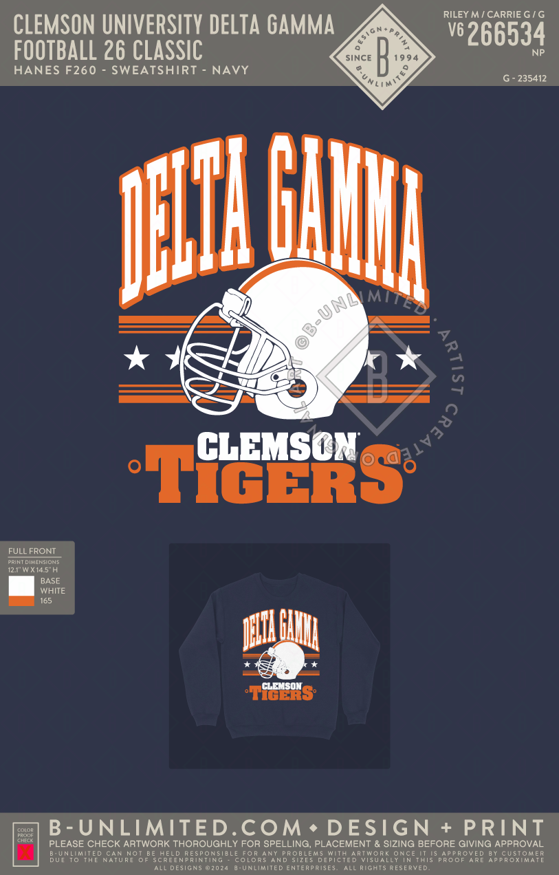 Clemson University Delta Gamma - Football 26 Classic - Hanes - F260 - Sweatshirt - Navy