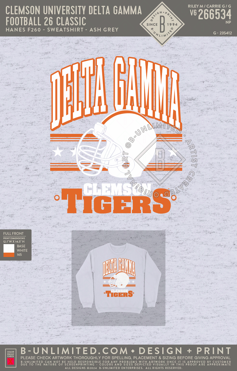 Clemson University Delta Gamma - Football 26 Classic - Hanes - F260 - Sweatshirt - Ash