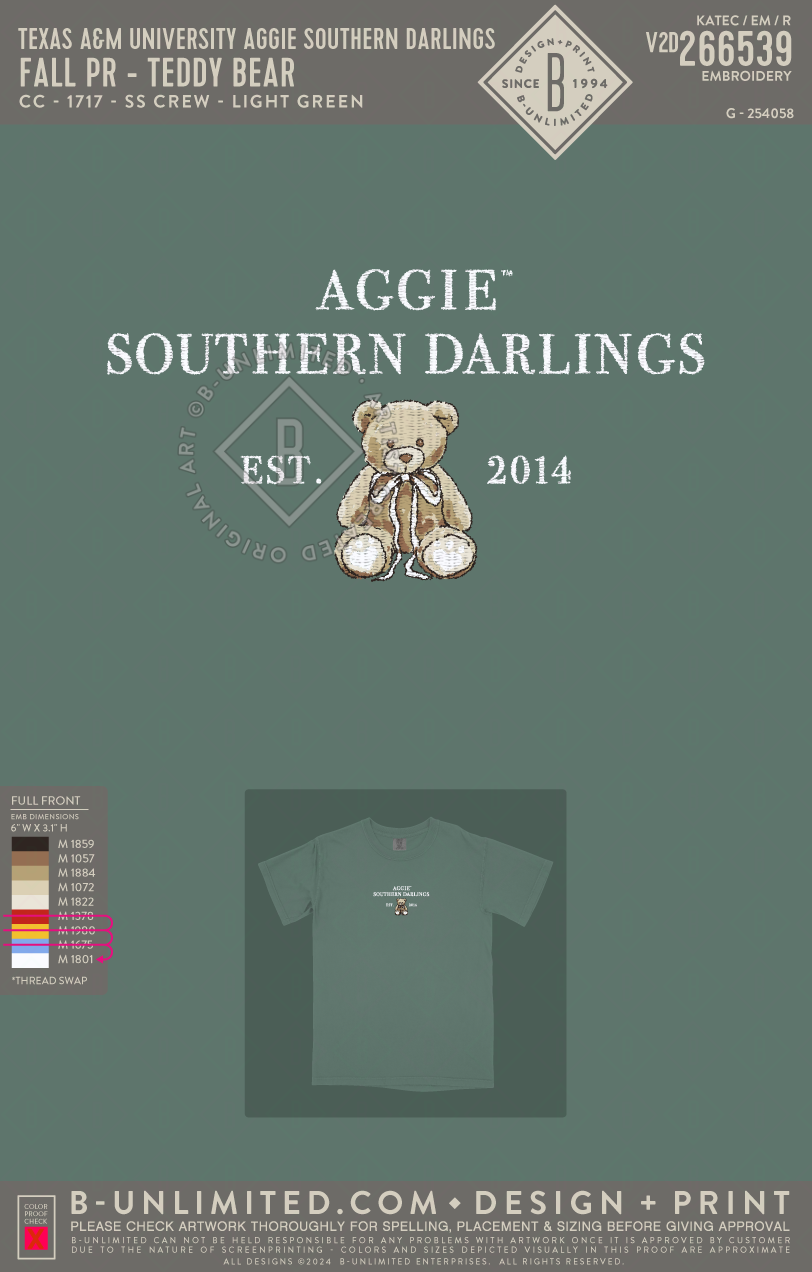 Texas A&M University Aggie Southern Darlings - Fall PR - Teddy Bear - CC - 1717 - SS Crew - Light Green