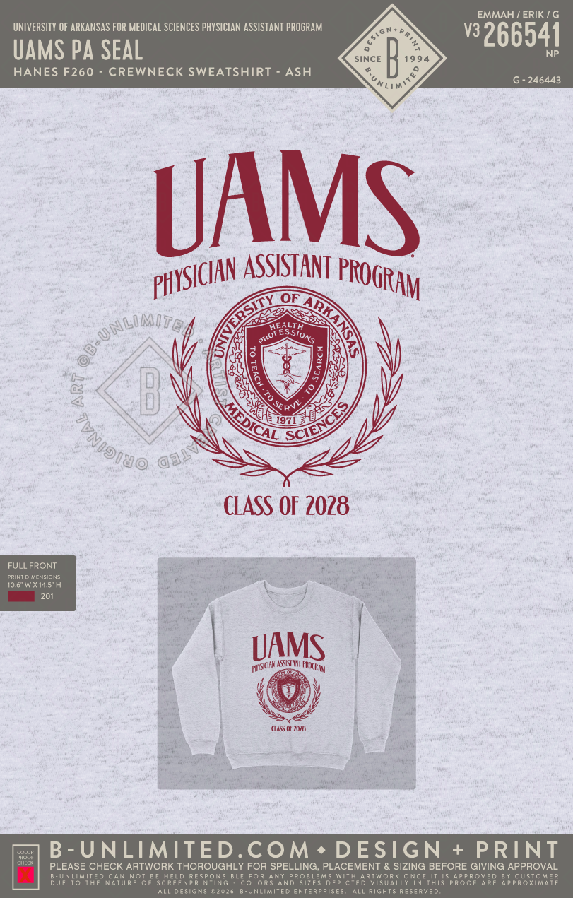 University of Arkansas for Medical Sciences Physician Assistant Program - UAMS PA Seal - Hanes - F260 - Sweatshirt - Ash