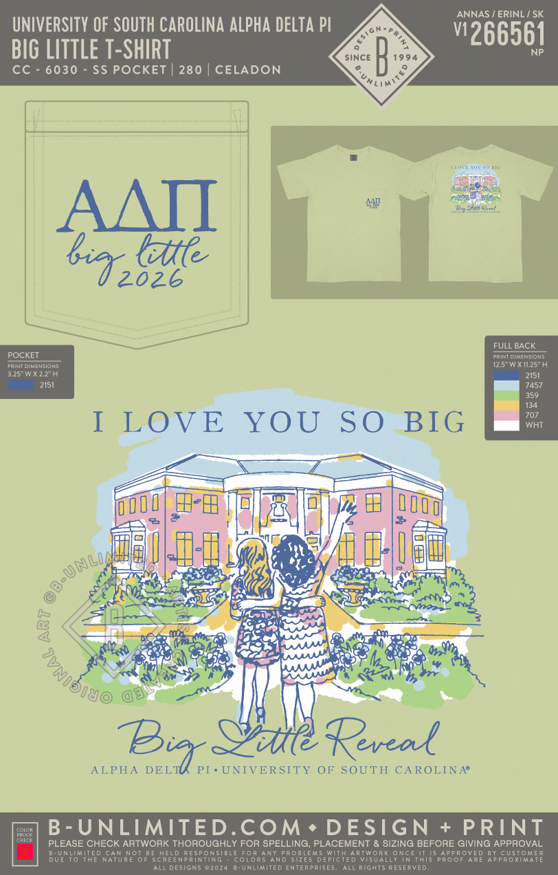 University of South Carolina Alpha Delta Pi - Big Little T-Shirt - CC - 6030 - SS Pocket - Celadon